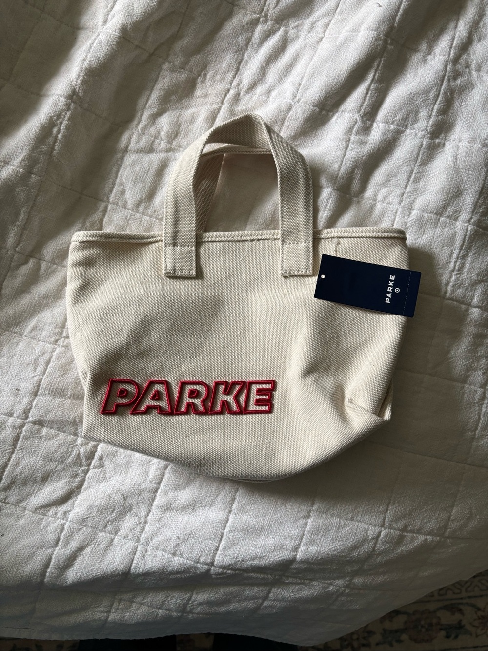 PARKE Cream Mini Canvas Tote Bag with Red Logo